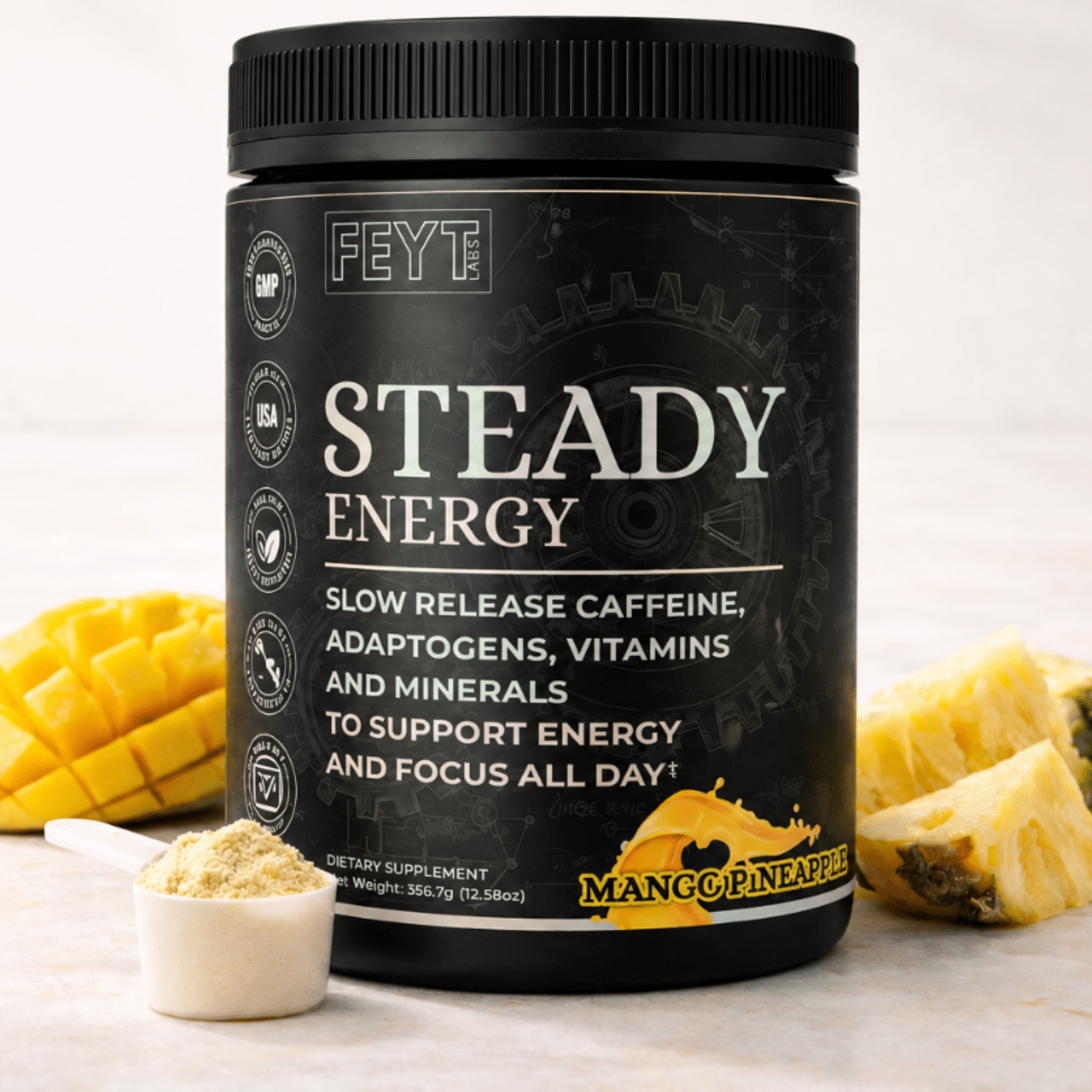 FEYT Labs Steady Energy Mango Pineapple daily performance supplement with smooth energy and focus support